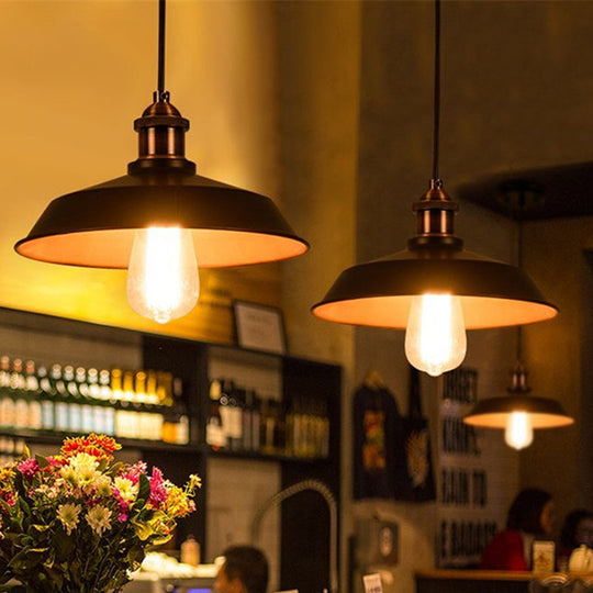 Barn Shade Metal Pendant Light: Vintage Bakery Fixture With 1 Bulb In Black