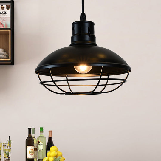 Vintage Dome Caged Metal Pendant Lamp - Kitchen Island Hanging Light Fixture (Black) 1 Bulb Solution