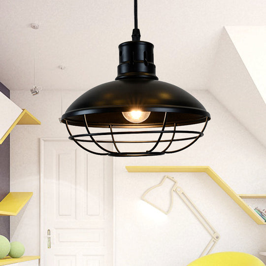 Vintage Dome Caged Metal Pendant Lamp - Kitchen Island Hanging Light Fixture (Black) 1 Bulb Solution