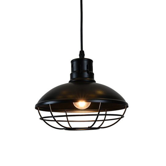 Vintage Dome Caged Metal Pendant Lamp - Kitchen Island Hanging Light Fixture (Black) 1 Bulb Solution