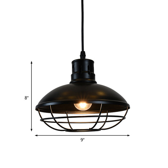 Vintage Dome Caged Metal Pendant Lamp - Kitchen Island Hanging Light Fixture (Black) 1 Bulb Solution