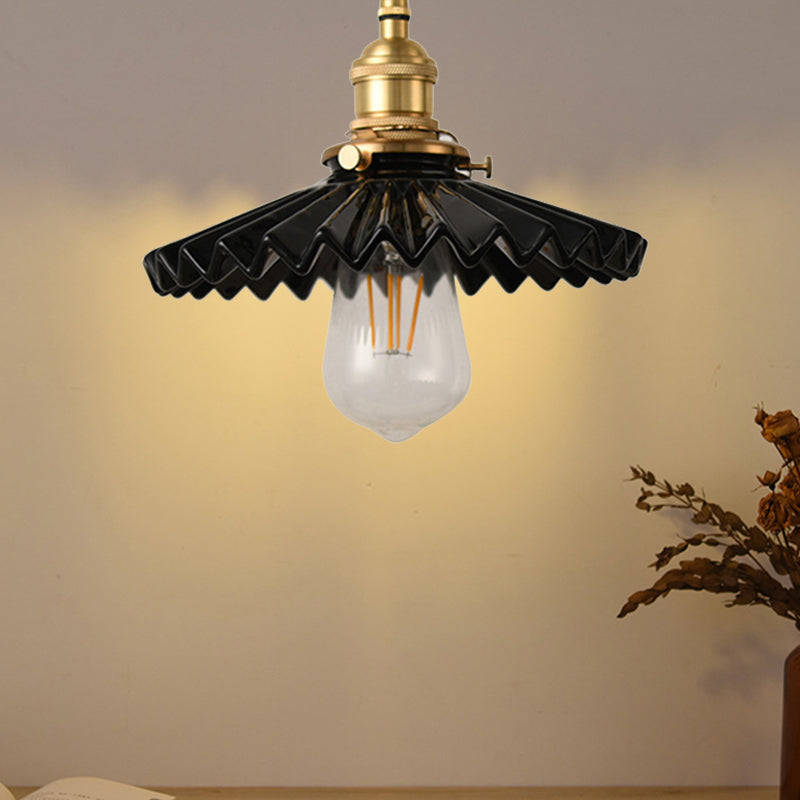 Vintage Scalloped Shade Pendant Ceiling Light - Single Light Hanging Lamp for Dining Room in Black/White