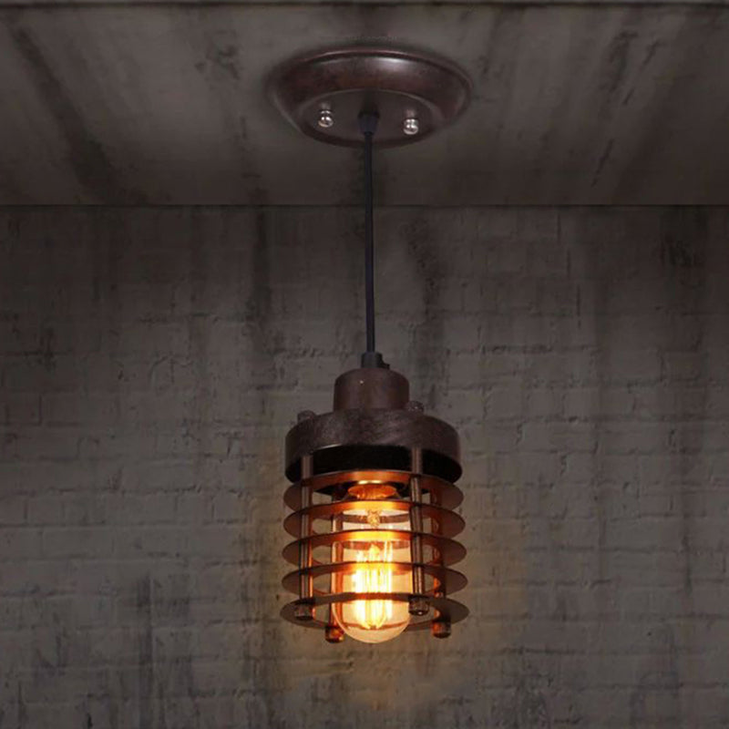 Industrial Pendant Light with Metallic Cage Shade - Matte Black/Rust, Ideal for Table Lighting