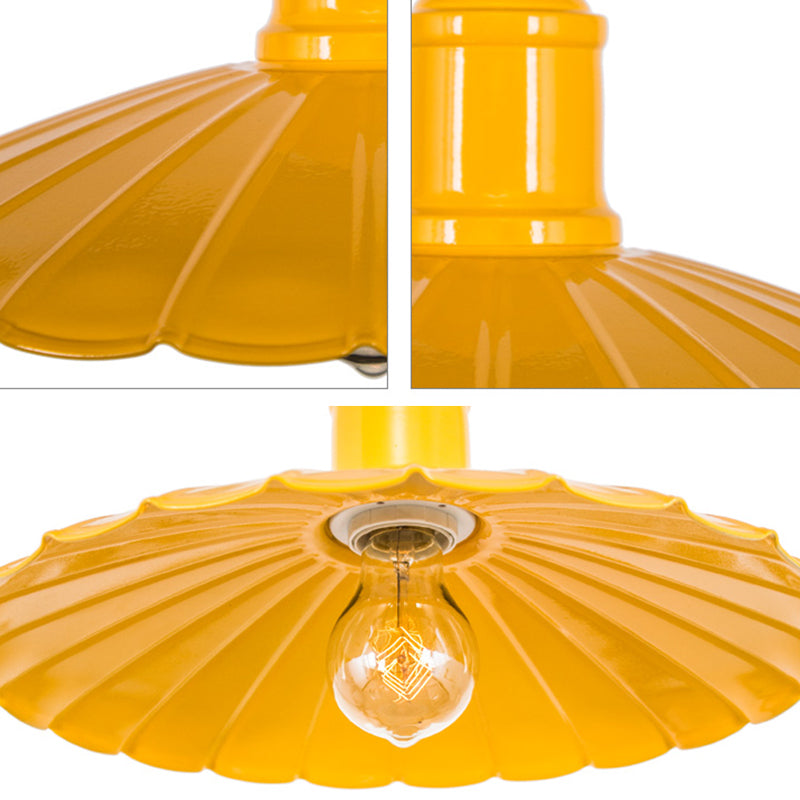 Retro Scalloped Metal Pendant Lamp For Bedroom - 1 Head Hanging Light Fixture In Red/Yellow/Green