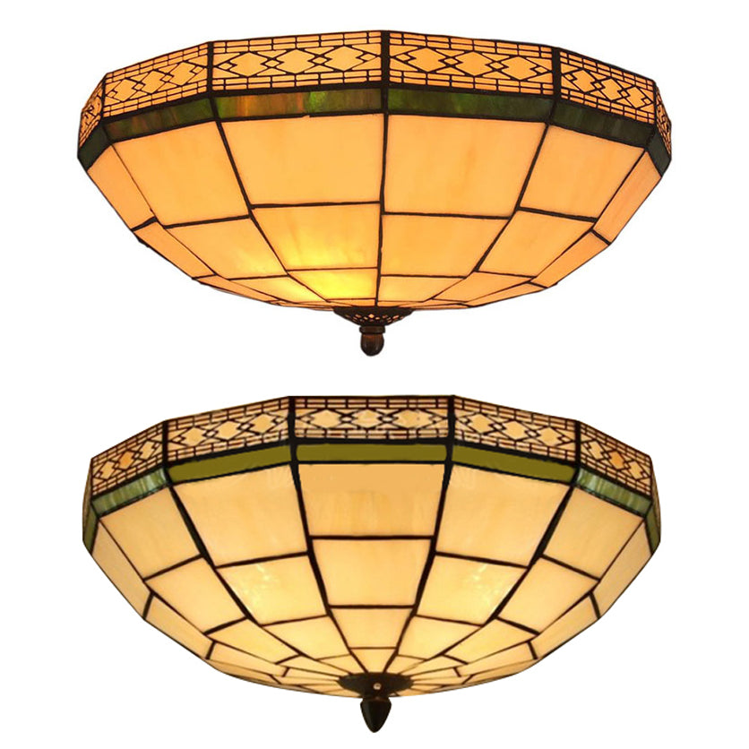 8"/10" W Tiffany Flush Mount Ceiling Light with 3-Light Fixture in Beige Art Glass Dome Shade - Bedroom Décor