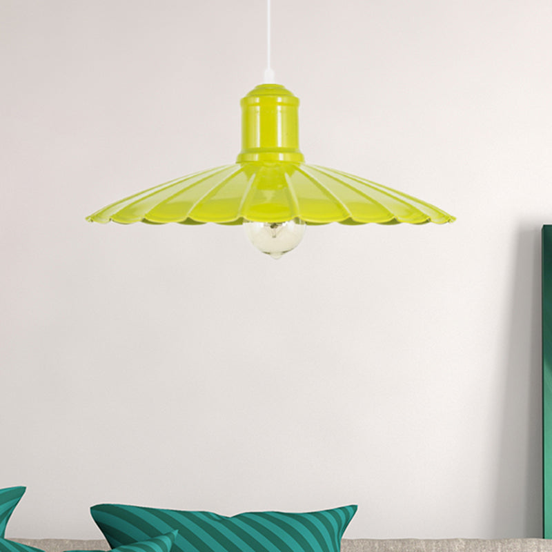 Retro Scalloped Shade Metal Hanging Light Fixture - 1 Head Pendant Lamp in Red/Yellow/Green for Bedrooms