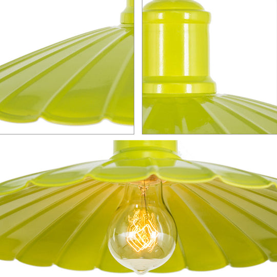 Retro Scalloped Shade Metal Hanging Light Fixture - 1 Head Pendant Lamp in Red/Yellow/Green for Bedrooms