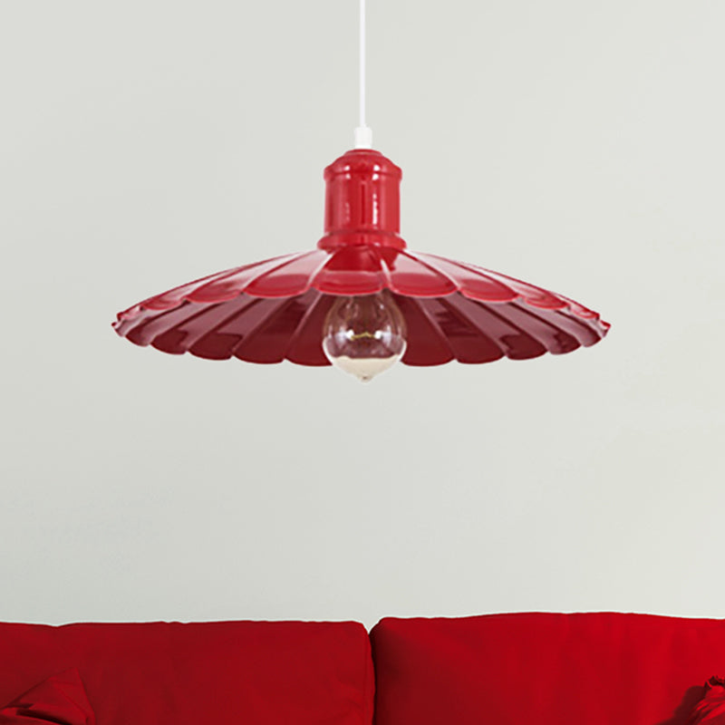 Retro Scalloped Metal Pendant Lamp For Bedroom - 1 Head Hanging Light Fixture In Red/Yellow/Green