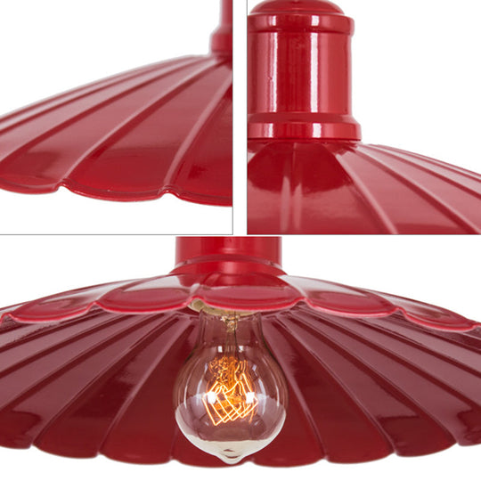 Retro Scalloped Metal Pendant Lamp For Bedroom - 1 Head Hanging Light Fixture In Red/Yellow/Green