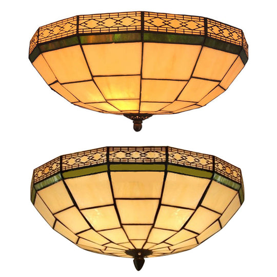 8/10 W Tiffany Flush Mount Ceiling Light With 3-Light Fixture In Beige Art Glass Dome Shade -