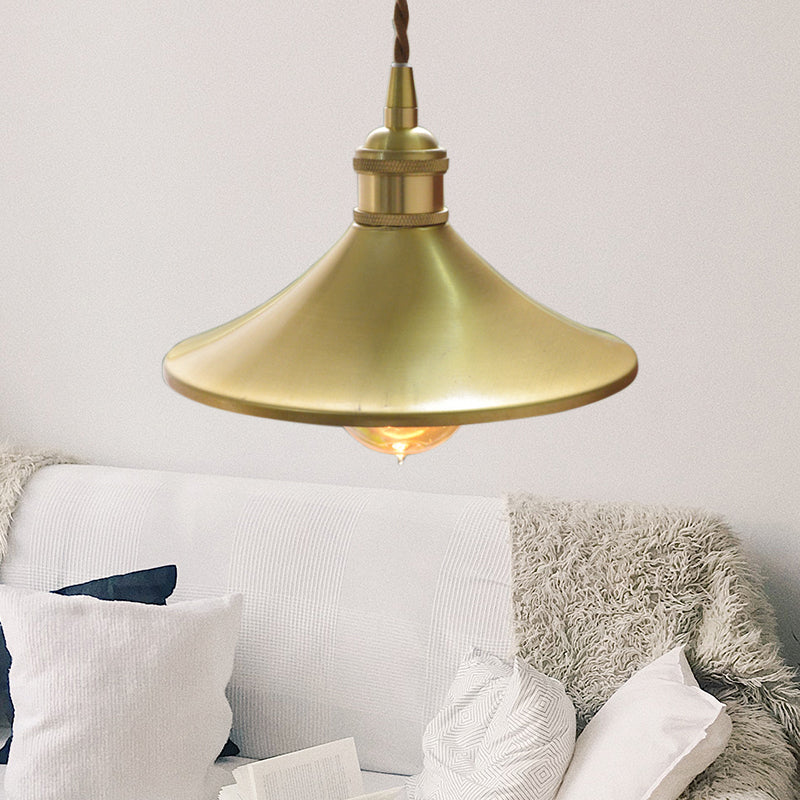 Industrial Brass Pendant Lamp: 8"/10" Wide Cone Shade, Metal Hanging Light Fixture, 1 Light for Living Room