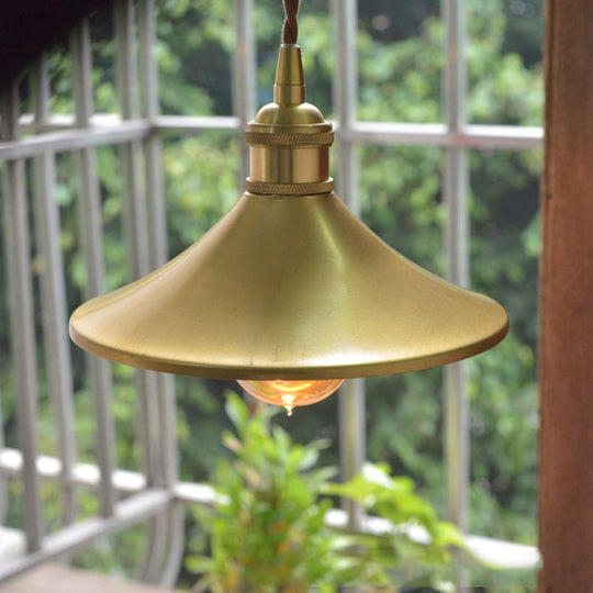 Industrial Brass Pendant Lamp: 8"/10" Wide Cone Shade, Metal Hanging Light Fixture, 1 Light for Living Room