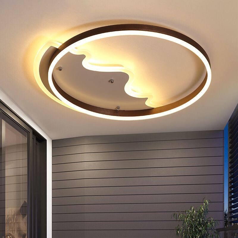 Contemporary LED Flush Mount Ceiling Light with Coffee-Colored Metal Ring - Ideal for Mountain Living Room