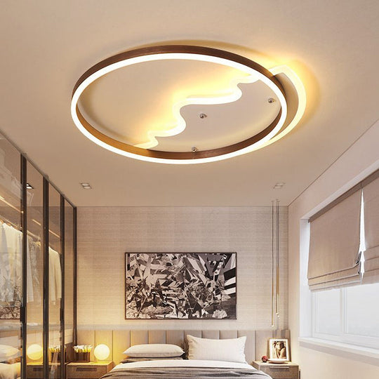 Contemporary LED Flush Mount Ceiling Light with Coffee-Colored Metal Ring - Ideal for Mountain Living Room