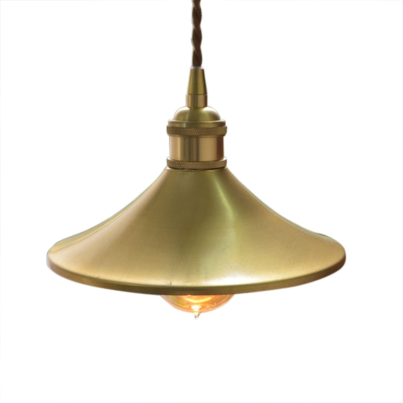 Industrial Brass Pendant Lamp: 8"/10" Wide Cone Shade, Metal Hanging Light Fixture, 1 Light for Living Room