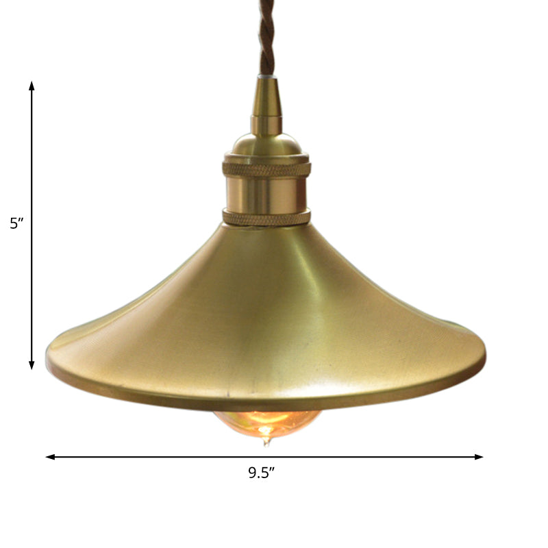 Industrial Brass Pendant Lamp: 8"/10" Wide Cone Shade, Metal Hanging Light Fixture, 1 Light for Living Room