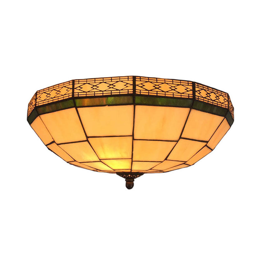 8/10 W Tiffany Flush Mount Ceiling Light With 3-Light Fixture In Beige Art Glass Dome Shade -