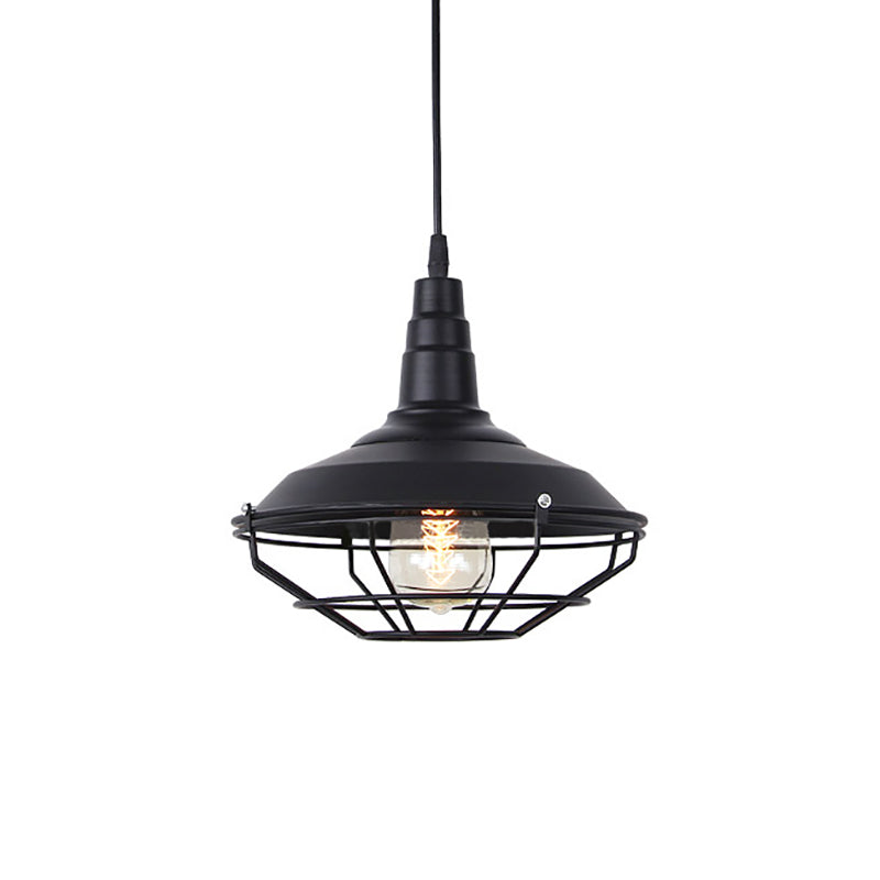 Nautical Iron 1-Light Black Pendant Lamp with Wire Cage - Barn Living Room Hanging Fixture