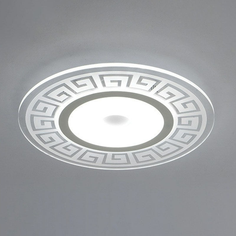 Rounded Acrylic Led Flush Light With Greek Key Decor - Artistic Ceiling Mount For Bedroom