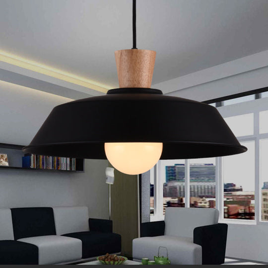 Barn Living Room Hanging Lamp - Industrial Iron Pendant Light Fixture (1-Light) With Wooden Top