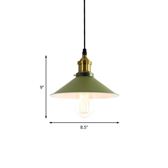 Industrial Metal Cone Pendant Light with Green/Grey Shade for Restaurants - 1-Light Hanging Lamp