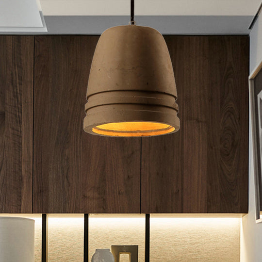 Industrial Cement 1-Light Bell-Shaped Hanging Ceiling Light In Brown - Perfect For Bedroom