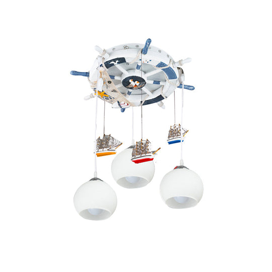 Milk Glass Orb Ceiling Pendant With Nautical 3-Light Ship & Rudder Design - Perfect For Childs