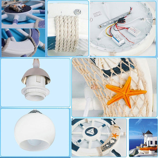 Milk Glass Orb Ceiling Pendant With Nautical 3-Light Ship & Rudder Design - Perfect For Childs