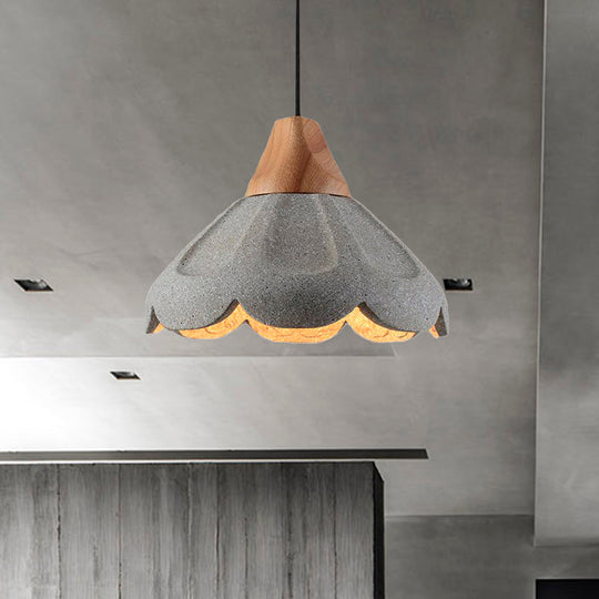 Nordic Style Grey Pendant Lighting - Scalloped Concrete Hanging Light with Wooden Cap for Restaurants