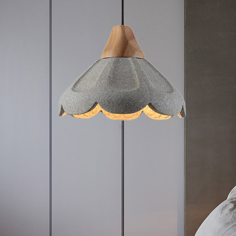 Nordic Style Grey 1-Light Pendant Lighting: Concrete Scalloped Hanging Light Fixture With Wooden Cap