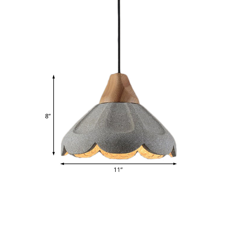 Nordic Style Grey Pendant Lighting - Scalloped Concrete Hanging Light with Wooden Cap for Restaurants