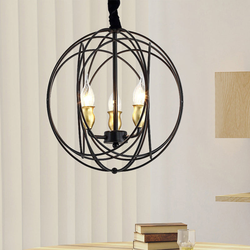 Industrial Metal Candle Pendant Lighting With Orb Cage - 14/19 Wide Black 3/6-Light Fixture For