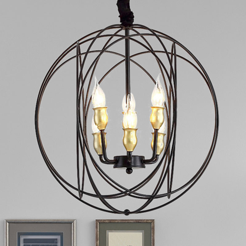 Industrial Metal Candle Pendant Lighting With Orb Cage - 14/19 Wide Black 3/6-Light Fixture For