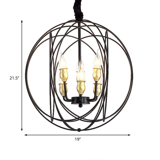 Industrial Metal Candle Light Fixture, Black Pendant Lighting with Orb Cage - 14"/19" Wide, 3/6-Light Option for Dining Room