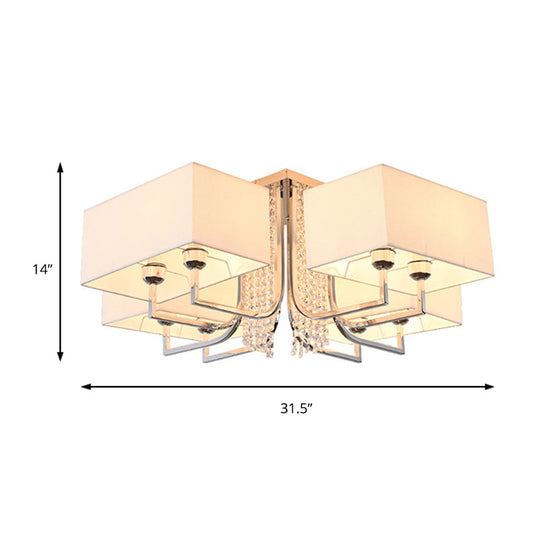 Contemporary Crystal Drop Ceiling Light Fixture With White Cubic Fabric Shade 23.5/31.5 Wide