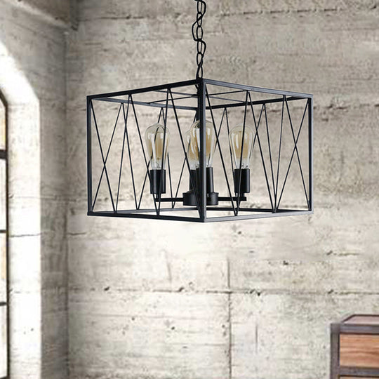 Vintage Iron Cuboid Wire Frame Pendant Light Fixture With 4 Heads - Black