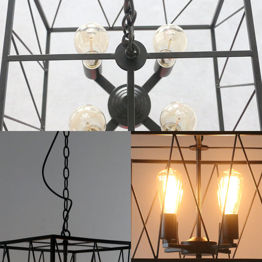 Vintage Iron Pendant Light Fixture with 4 Black Cuboid Wire Frame Heads for Dining Room