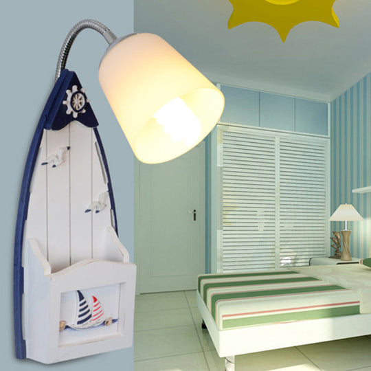 Nautical Ship Wall Light With Blue Bucket Shade - Glass Sconce For Nursing Room / Canoe