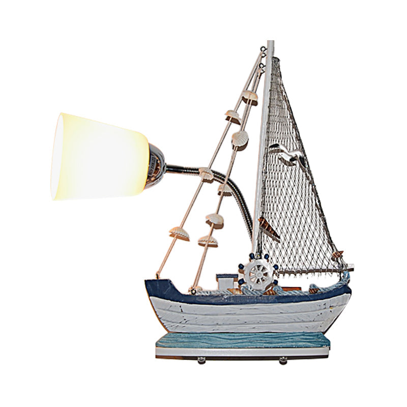 Nautical Ship Wall Light With Blue Bucket Shade - Glass Sconce For Nursing Room