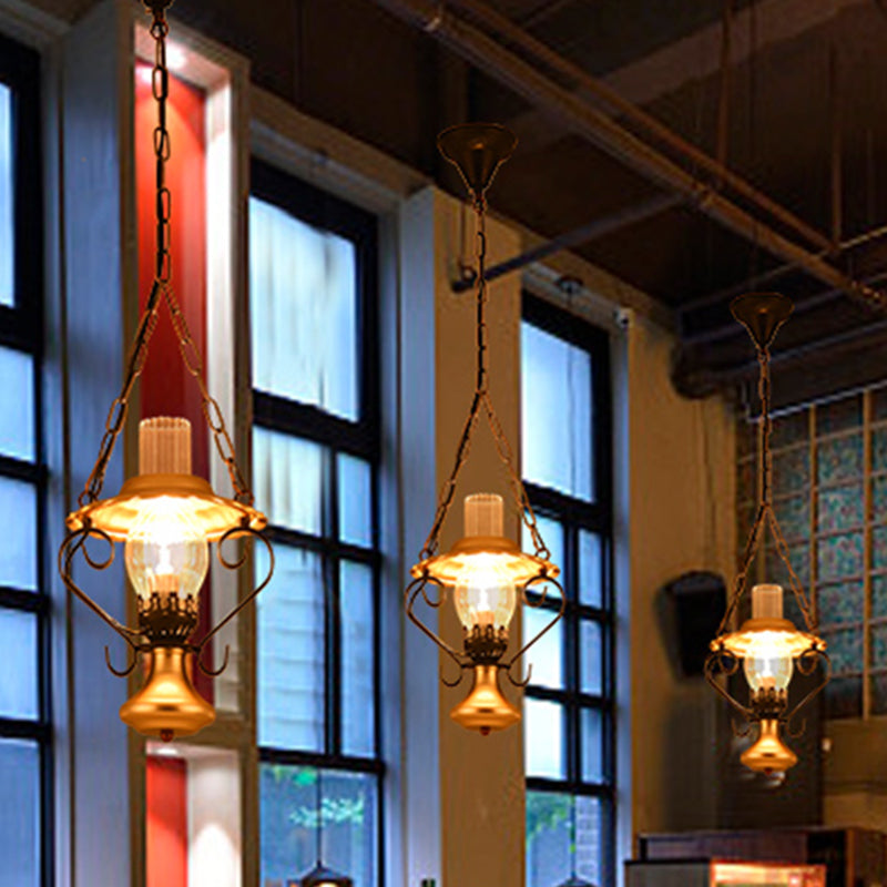 Iron And Glass Lantern Ceiling Pendant In Brass For Industrial Single Light Bedroom