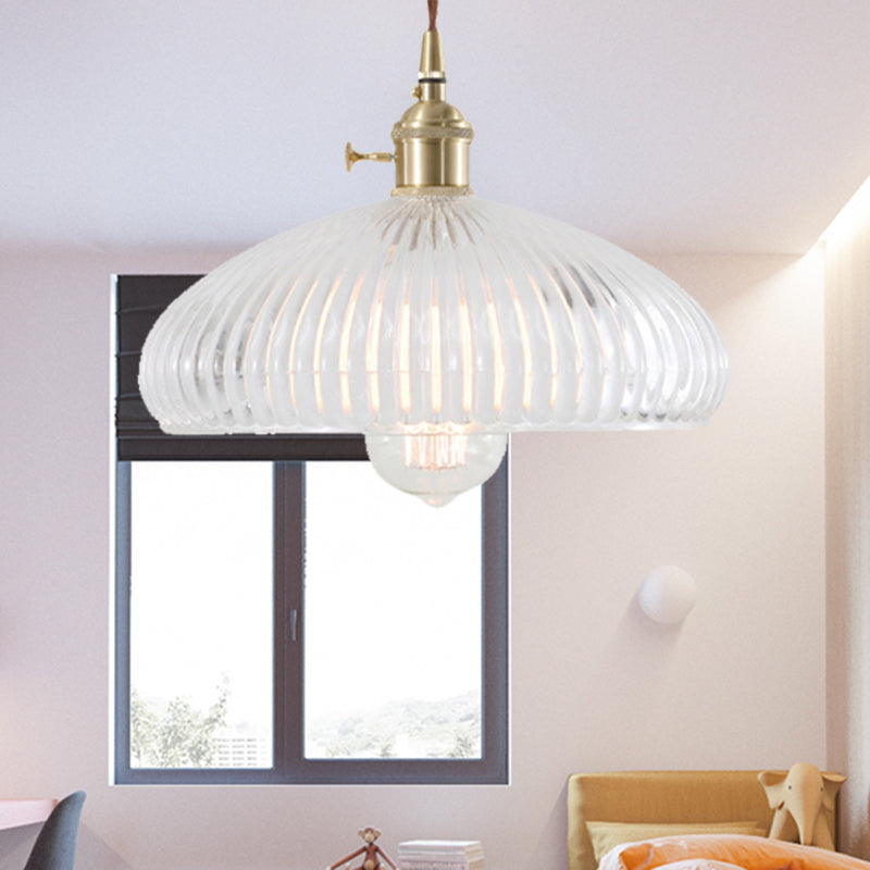 Retro 1-Light Hanging Pendant Lamp For Living Room Clear Glass Dome Design With Brass Finish