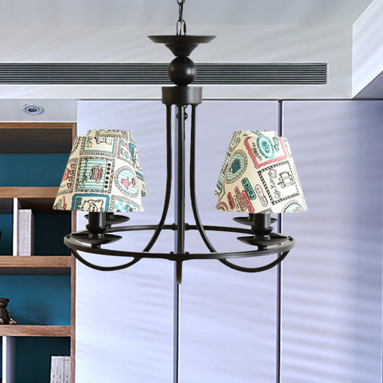 Modern 4-Light Black Fabric Tapered Shade Chandelier For Kids Bedroom Ceiling Pendant Beige / Stamp