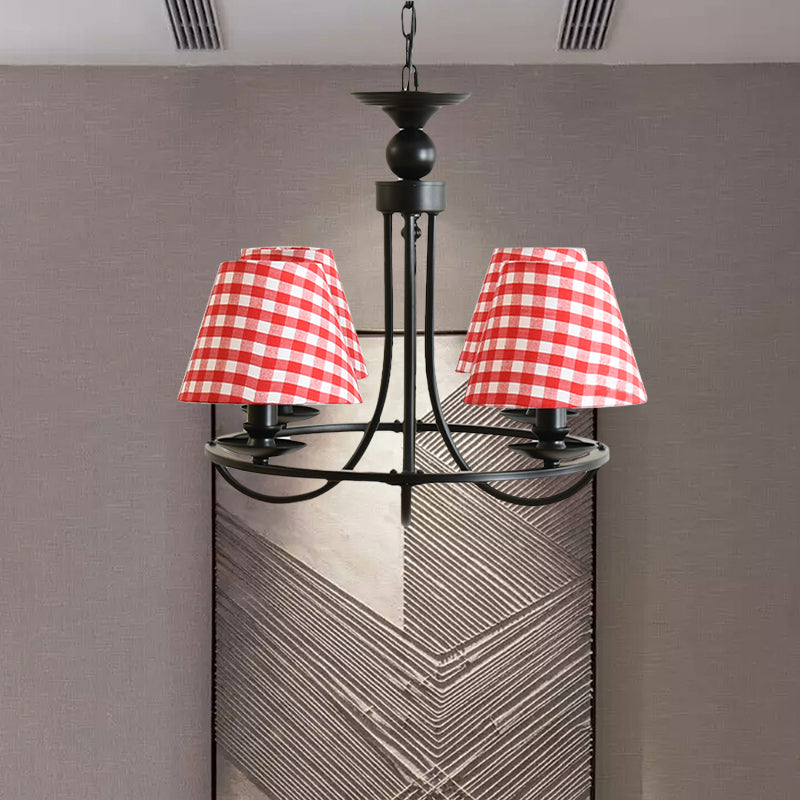 Modern 4-Light Black Fabric Tapered Shade Chandelier For Kids Bedroom Ceiling Pendant Red /