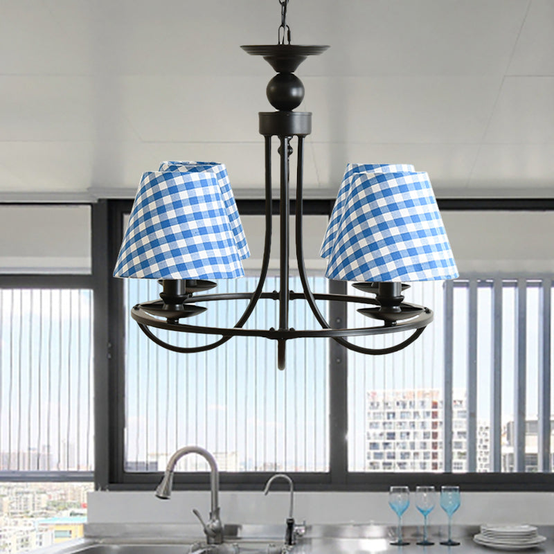 Modern 4-Light Black Fabric Tapered Shade Chandelier For Kids Bedroom Ceiling Pendant Blue /