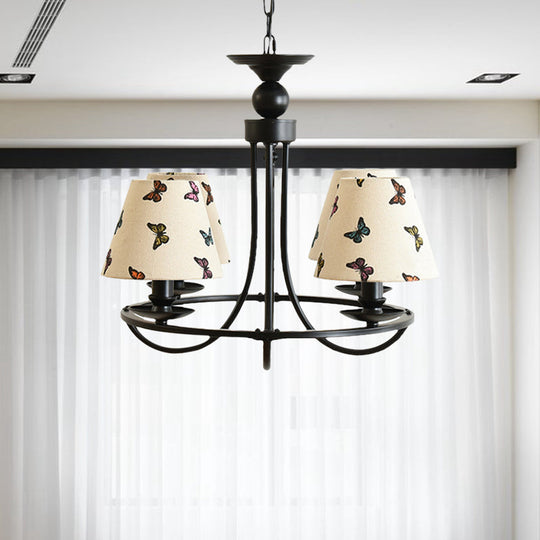 Modern 4-Light Black Fabric Tapered Shade Chandelier For Kids Bedroom Ceiling Pendant