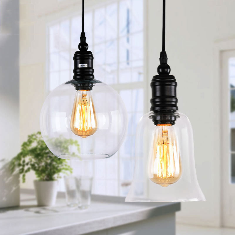 Industrial Hanging Light Fixture For Kitchen - Clear Glass Shade Black Pendant Globe/Bell 1-Light