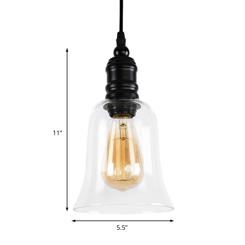 Industrial Hanging Light Fixture For Kitchen - Clear Glass Shade Black Pendant Globe/Bell 1-Light