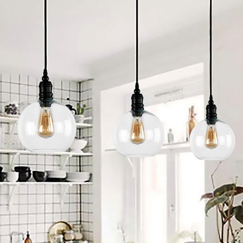 Industrial Hanging Light Fixture For Kitchen - Clear Glass Shade Black Pendant Globe/Bell 1-Light /