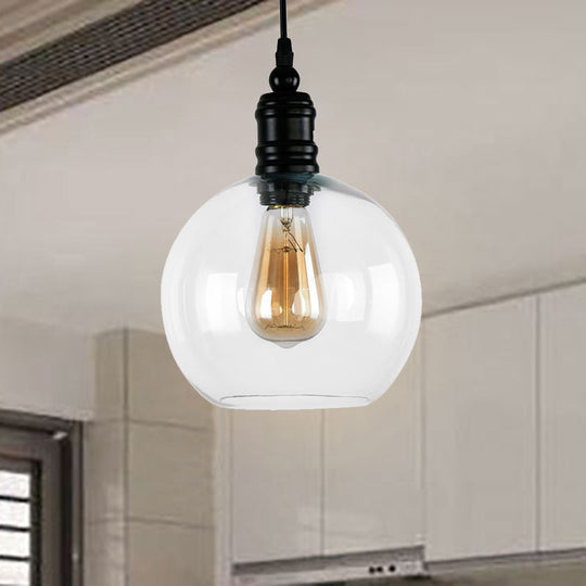 Industrial Hanging Light Fixture For Kitchen - Clear Glass Shade Black Pendant Globe/Bell 1-Light