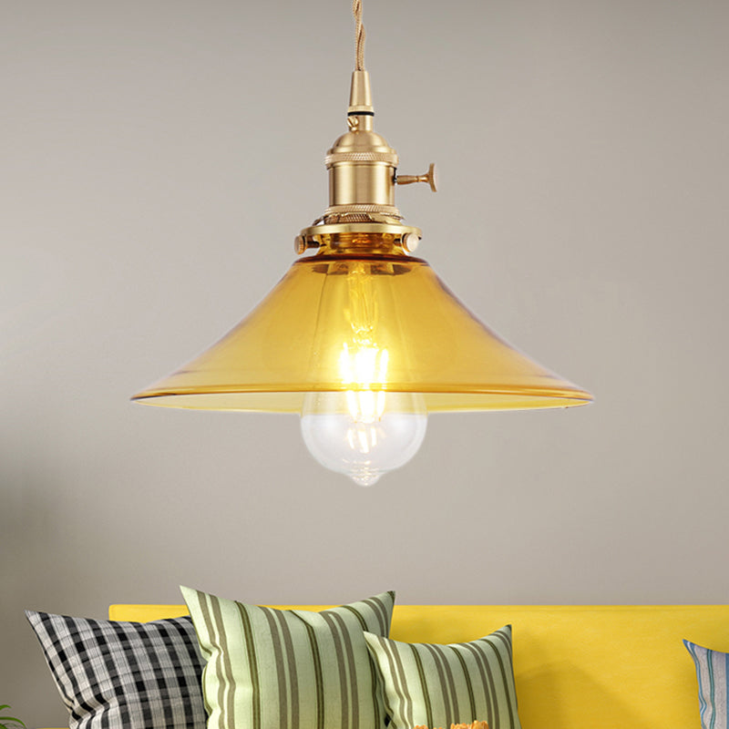 Farmhouse Amber Glass Conical Pendant Ceiling Light - Brass Finish Living Room Hanging Lamp